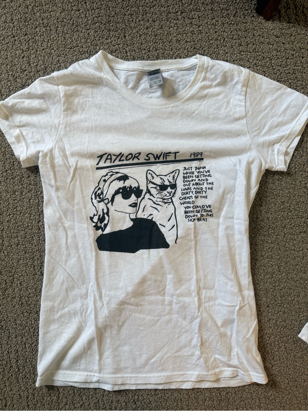 Taylor Swift White Tee with Black Cat Graphic